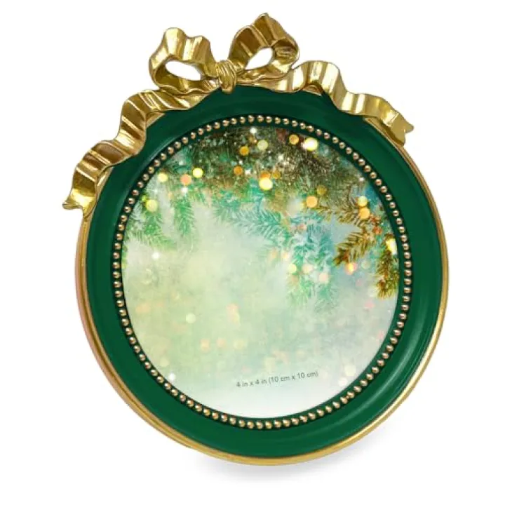 Isaac Jacobs 4x4 Green & Gold Round Picture Frame with Ribbon Bow, Elegant Tabletop or Wall Display, Holiday Gift, Home Décor (4x4, Green with Gold)