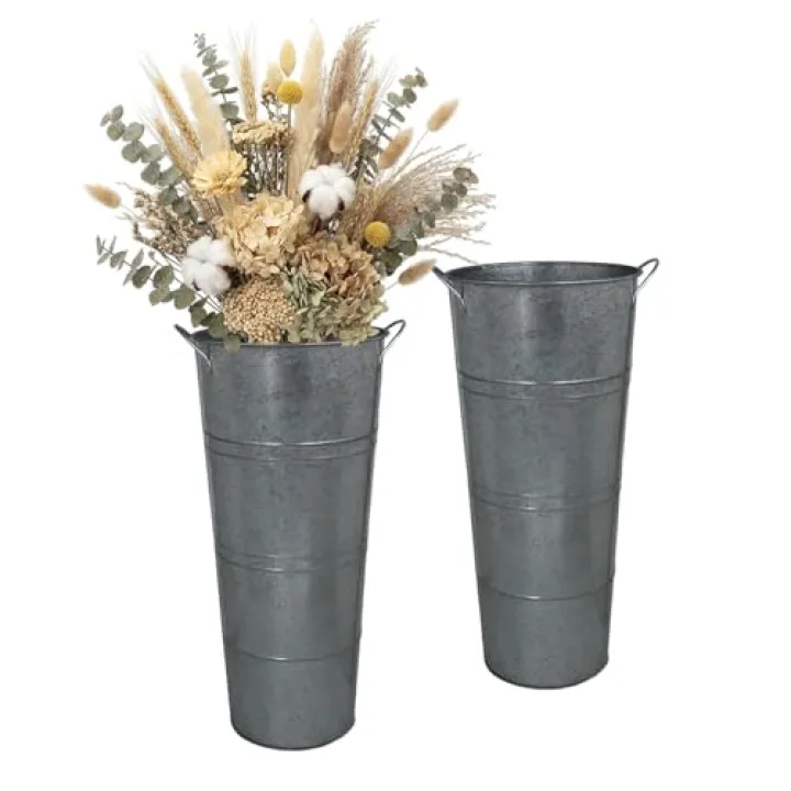 vensovo Metal Flower Bucket Vase, 15 Inch Tall Transparent Black Rustic Farmhouse Centerpiece for Spring Home Decor & Wedding, Set of 2