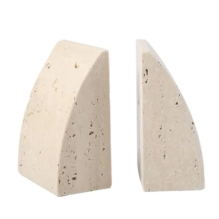 Koville Travertine Bookends for Shelves, Large Stone Bookends for Heavy Books, Non-Slip Heavy Duty Book Stopper for CD/Movies, Aesthetic Decorative Book Ends for Bookshelf Table Home Decor(Beige)