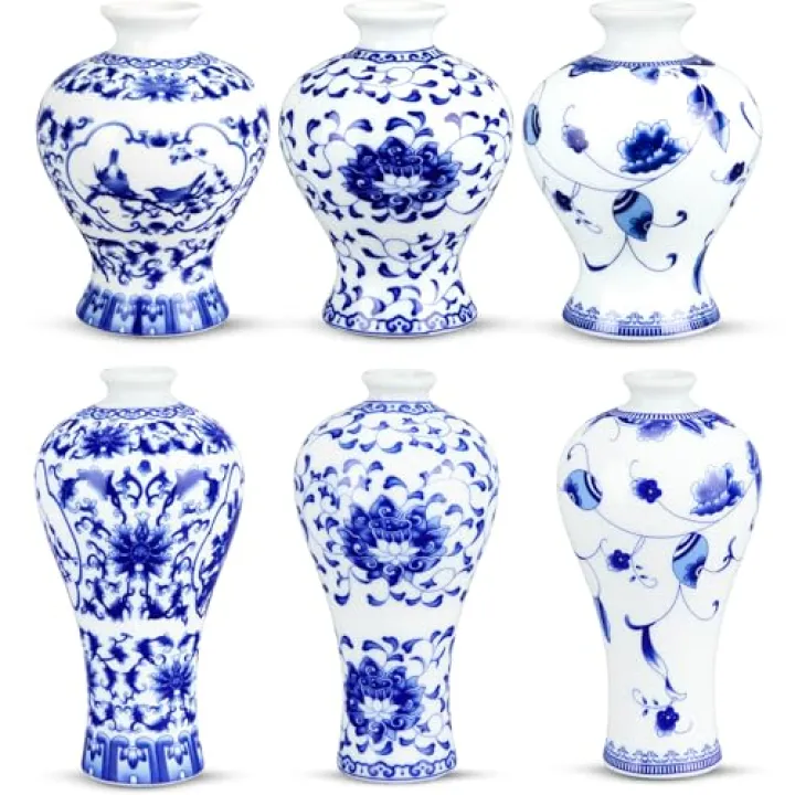 LemonRoad 6 Pcs 5.7 Inches Mini Chinoiserie Vases Porcelain Blue and White Vases Valentine's Day Decoration Chinoiserie Ceramic Flower Bud Vase for Home Decor Office Party Decoration Events(Stylish)