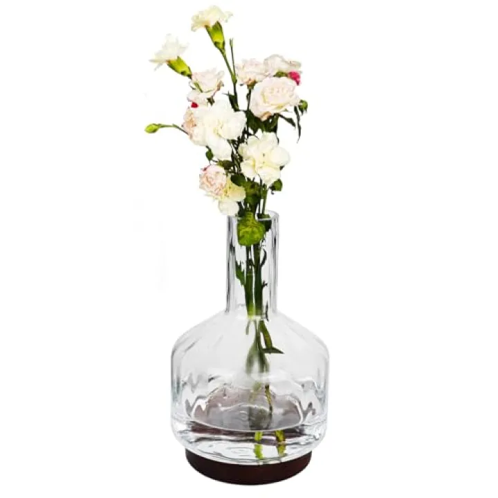 Decorative Glass Vase with Wooden Base, Modern Design for Fresh Flowers, Home and Office Decor