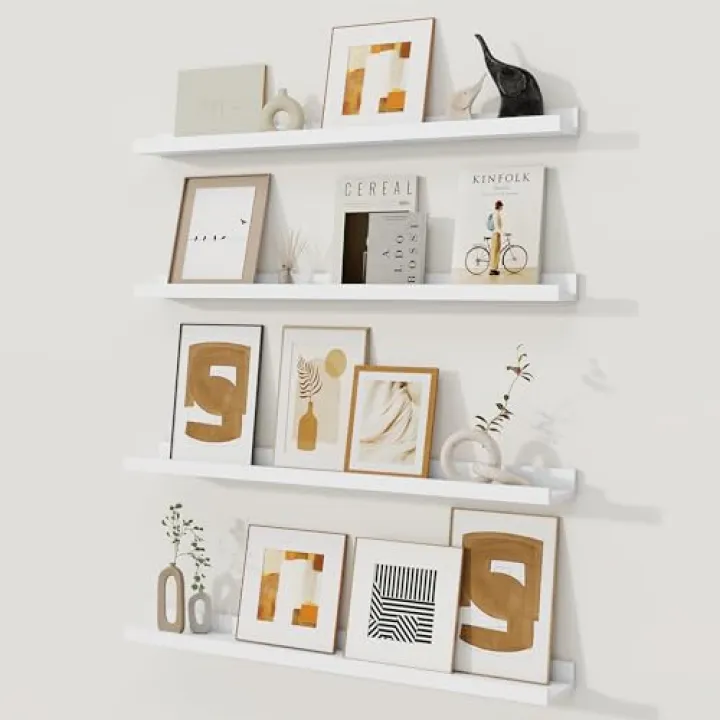 Fun Memories Picture Ledge Shelf, White Floating Shelves Set of 4, 32 Inch Picture Shelves for Wall with Ledge, Large Nursery Book Shelf for Toys Storage, Living Room, Bedroom Decor Frames