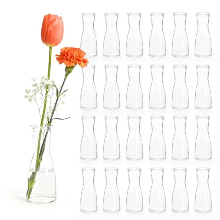 Set of 24 Glass Bud Vases for Centerpieces - Clear Small Flower Vase, Modern Minimalist Cute Mini Decorative Bulk Vases for Wedding Bridal Shower Birthday Party Events Dining Room Table Decor