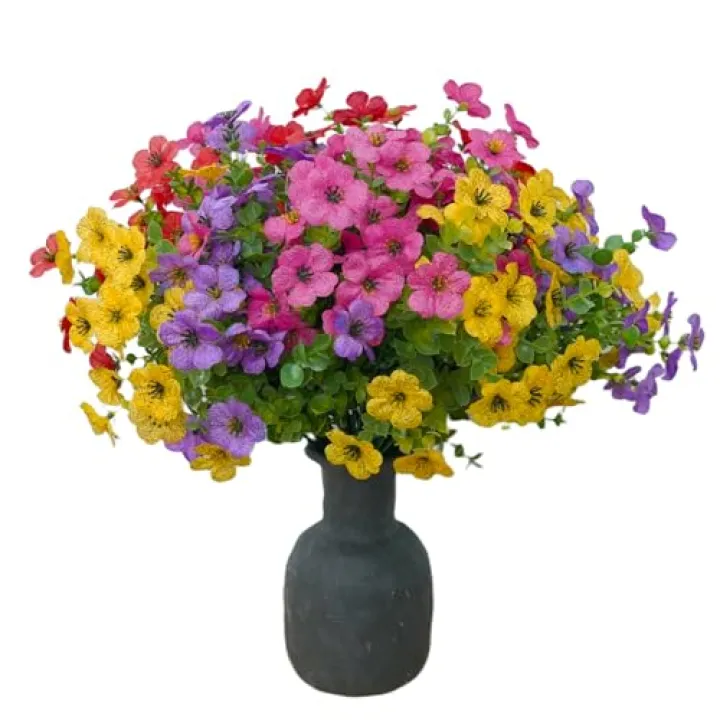 Pretalux 12 Bundles Plastic Artificial Flowers for Outdoors Faux Plants, UV Resistant Artificial Outdoor Flowers Fake Plants Silk Flowers for Outside, Spring Porch Decor Yard Garden Planters Pots