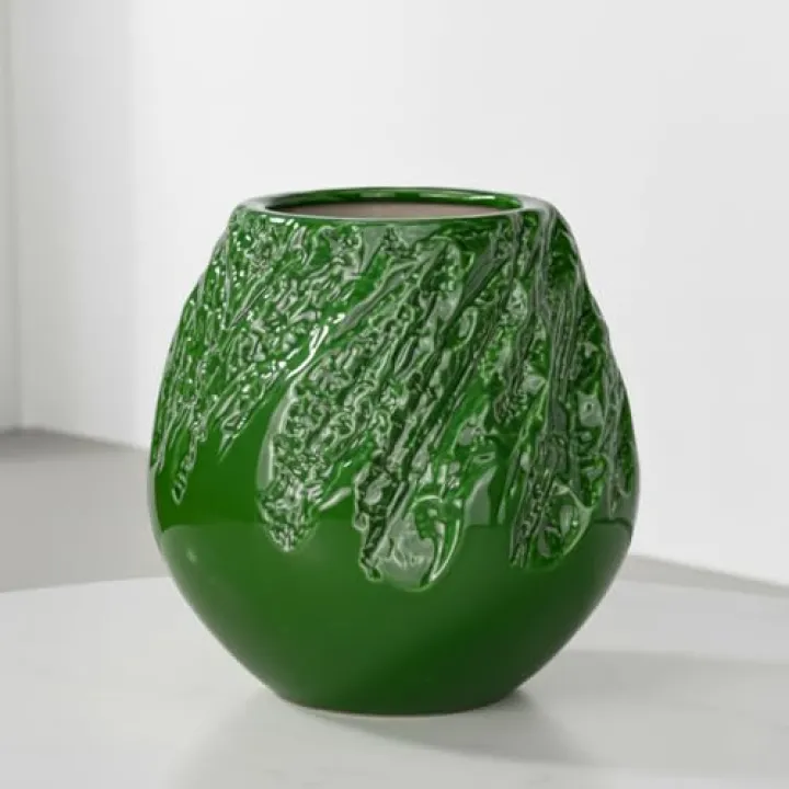 Sunddo Green Ceramic Vase 8 Inch - Large Round Vase for Table Centerpiece, Modern Decorative Flower Vase for Living Room, Textured Pottery for Home Decor, Shelf Kitchen Bathroom Decor