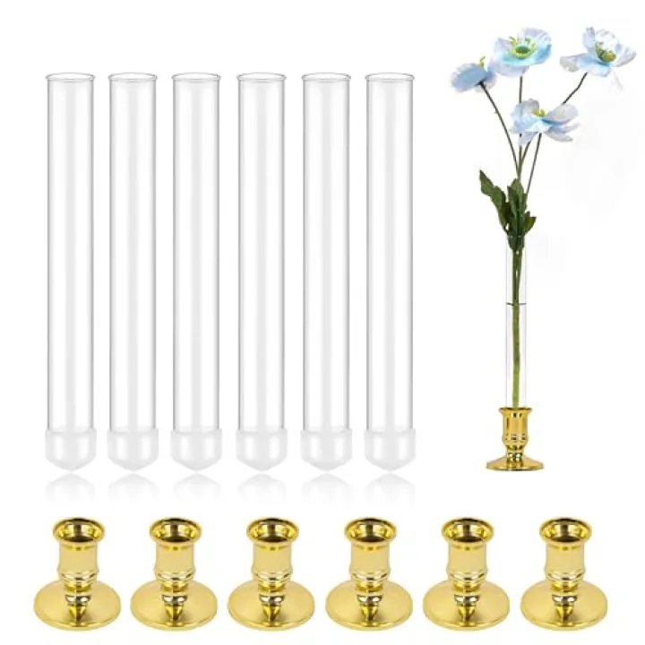 6 Pack 7.9" Glass Bud Vase Taper Candle Holder's Bud Vase for Flower Designed Specially for Taper Candle Holder-Create Floral Arrangements for Tablescapes, Centerpieces Weddings Home Decor