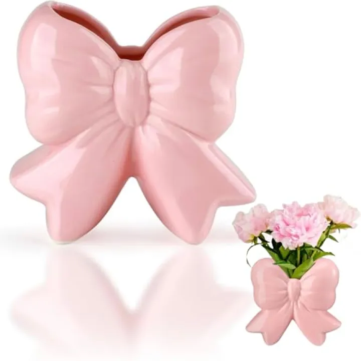 Pink Bow Ceramic Vase Contemporary Design Decorative Pink Bow Decor Vase Pen Holder Makeup Brush Holder Women Gift for Christmas Home Office Shelf Table Living Room