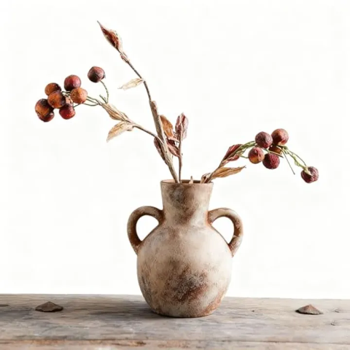 Geniff Rustic Terracotta Ceramic Flower Vase, 7.1-Inch – Farmhouse Boho Table Centerpiece for Living Room & Shelf