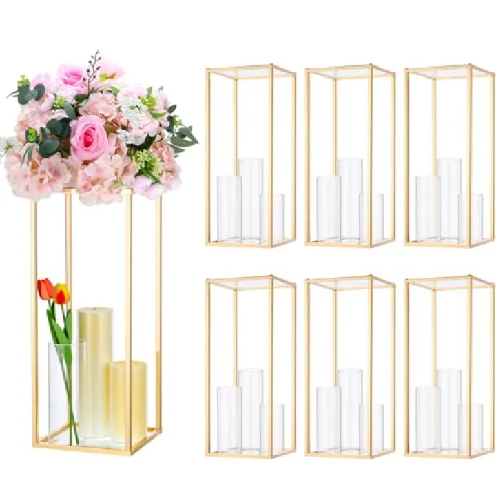 Sieral 6 Sets Wedding Flower Vase Include 6 Pcs Gold Metal Centerpieces Flowers Stand 18 Pcs Clear Glass Candle Holders Cylinder Vases Flower Vases for Table Centerpiece Wedding Home Decor