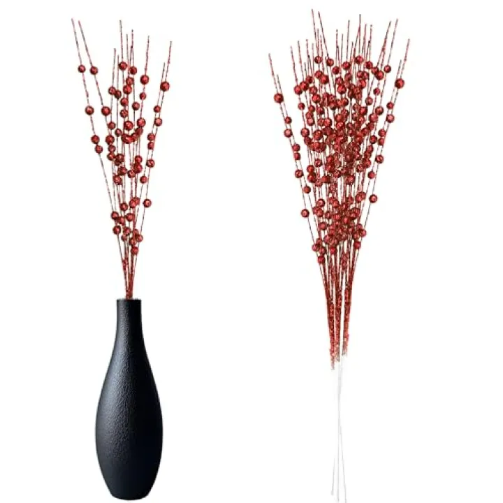 LcingTify 12 PCS Christmas Berries Stems Centerpiece Sticks Glitter Fake Christmas Table Flower Centerpieces Xmas Berries Stems Floral Decorations for Xmas Theme Winter Birthday Party Supplies Red