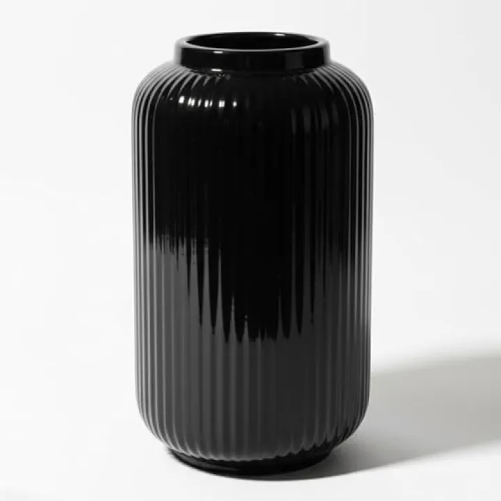 Black Ceramic Vase, 7.87 Inch Modern Small Ribbed Textured Flower Vase for Pampas Grass & Dried Flowers - Minimalist Home Decor, Watertight, Non-Slip Base