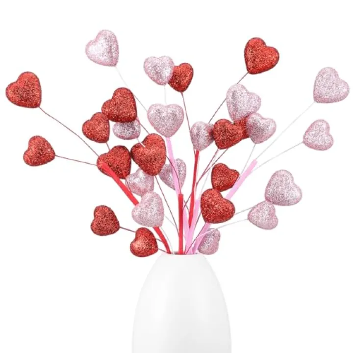 Suncalla 6 Pcs Valentine's Day Glitter Heart Floral Picks Artificial Heart Flowers Picks Decor 3D Glitter Valentines Foam Stems for Valentine's Day Wedding Birthday Flower Bouquet Vase Decor