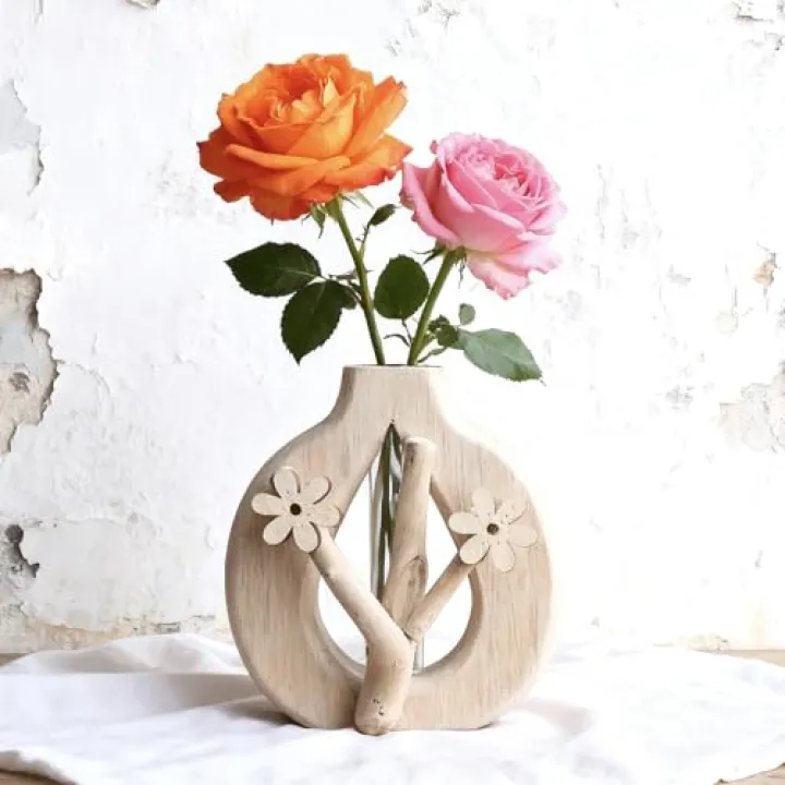 YANISM Artistic Wood Glass Vase,Wooden Base Cylindrical Flower Vase,Classic Boho Rustic Style for Fireplace Bedroom Kitchen Living Room Centerpieces Office Desk(Petite Vase)