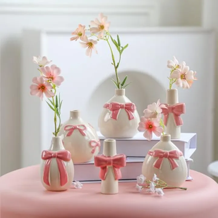 Acellegic 6 Pcs Pink Bow Vase Valentine Tiny Ceramic Bud Vase for Girl Home Decor Coquette Small Flower Vases Centerpieces Shelf Table for Valentine Room Wedding Baby Shower Decor