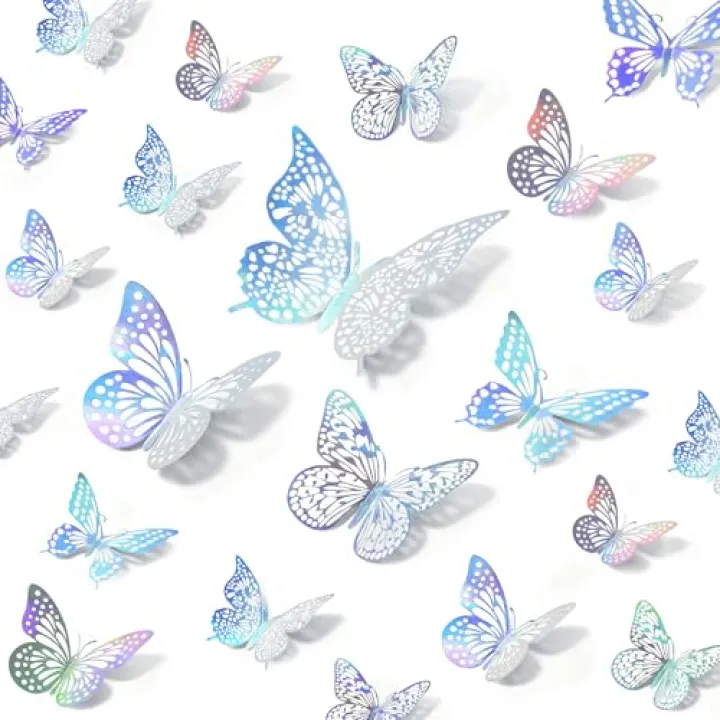 BTSD-home 48 Pcs Iridescent 3D Butterfly Wall Decor Iridescent Party Decorations for Bedroom Nursery Removable Holographic Butterfly Wall Stickers for Birthday Wedding Gift Box Cake