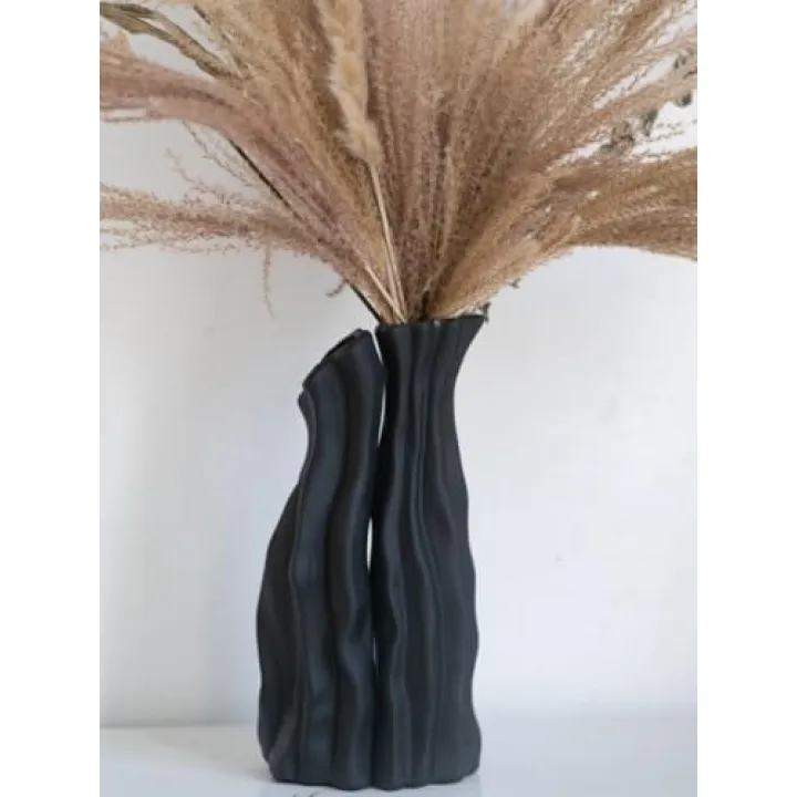 Modular Rockery Art Vase Set of 2, Separatable Centerpiece Table Decorations - 11" Tall Matte Black Ceramic Vases for Flowers, Pampas Grass, Modern Nordic Boho Home Decor (Black)