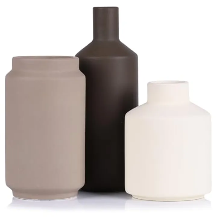 Modern 3 Piece Ceramic Vase Set - Minimalist Home Decor Vases for Living Room, Bedroom, or Entryway - Modern Neutral Table Decor for Flowers or Greenery, Shelf and Mantel Accent