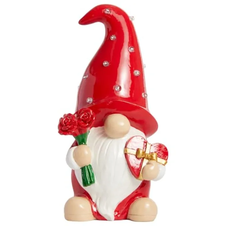 WDS WONDROUS Valentine's Day Decoration, Lighted Gnome Figurine, Red & White Valentine Gnome with Bouquet & Heart Box, Battery Powered LED Valentine's Day Gifts Decor for Him Her Women Home