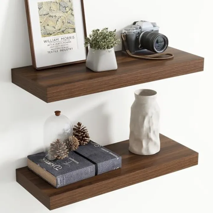 24 Inch Floating Shelves for Wall, 8 Inch Deep Floating Shelf for Storage & Display, Rustic Wall Mounted Shelf with Invisible Brackets for Living Room, Kitchen, Bathroom, Home Decor, Set of 2, Walnut