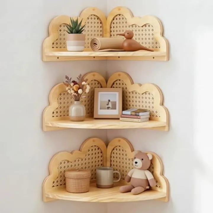 Fiwochic 3 Pcs Cloud Floating Corner Shelf Set Boho Rattan Storage with Natural Pine Wood Frame Cute Corner Shelves for Wall Home Decor Bedroom Kitchen Bathroom