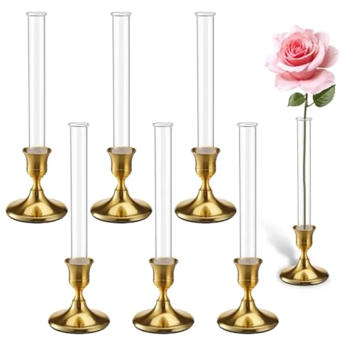 6 Pack 7" Glass Bud Vase Taper Candle Holder's, Bud Vase for Flower Candlestick with Silicone Protective Cover, Candle Holder for Taper for Tablescapes, Wedding Gift and Home Decor