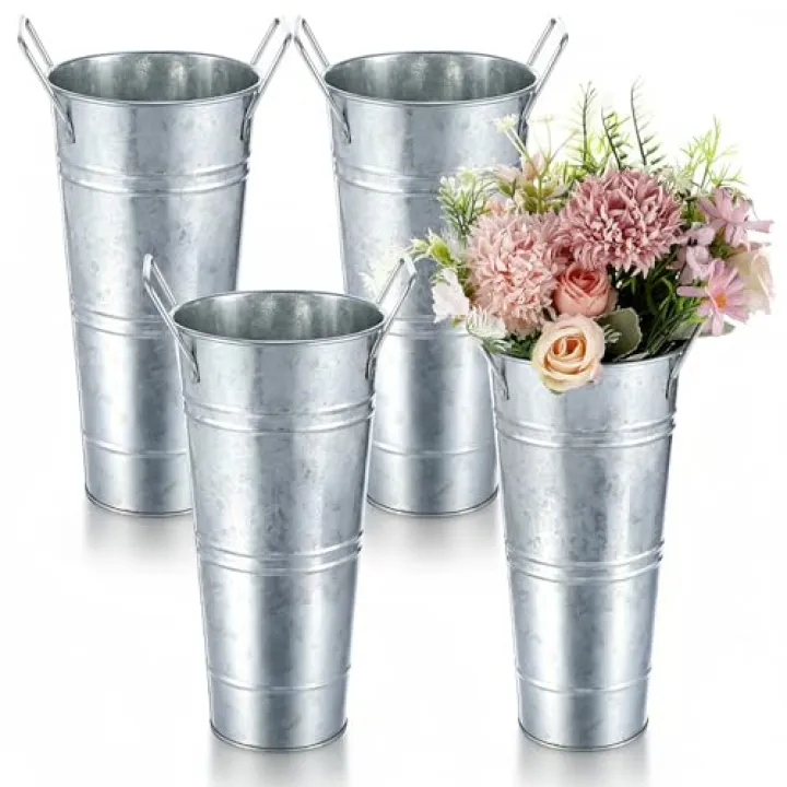 Kifmurase 4Pcs Galvanized Metal Vases, 10 Inch Farmhouse French Flower Bucket Vases with Handles, Rustic Tall Flower Buckets for Home Decor and Wedding, Table Centerpiece Decorations