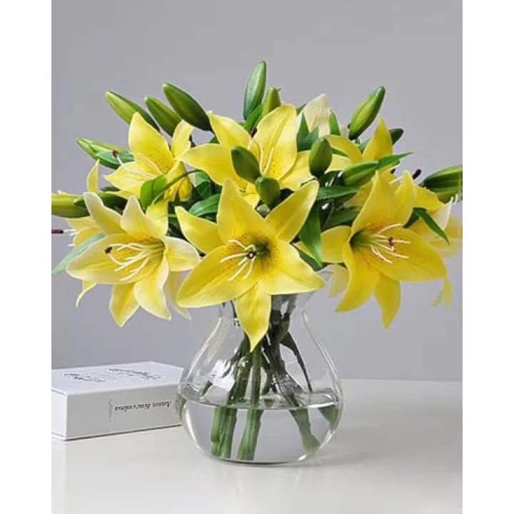 SEEK RARE 9PCS Artificial Lily Flowers Faux Bouquets Tiger Lilies Flowers for Home Wedding Arrangement Easter Decor Yellow S