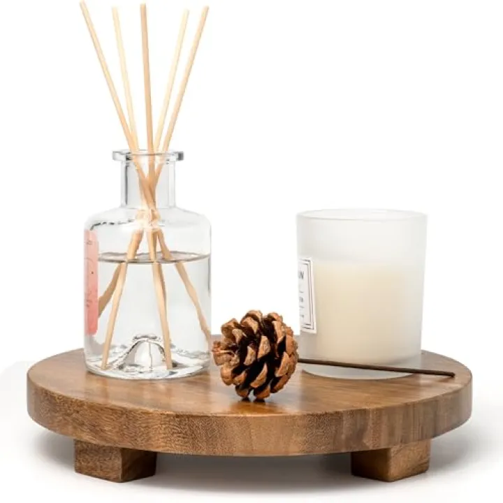 Zurklulu Round 9.4" Acacia Wood Decorative Tray – Farmhouse Wood Riser Pedestal Stand for Kitchen and Bathroom Decor, Counter Display, Vanity Tray (Medium, 9.4" Dia)