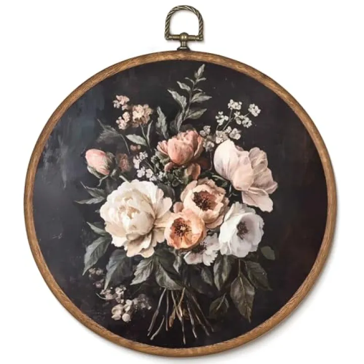 uniro Vintage Floral Framed Wall Art, Black Botanical Flower Round Wall Hanging Decor, Rustic Antique Cottagecore Art Prints Room Decor Bedroom Living Room Bathroom, 10x10 Inch