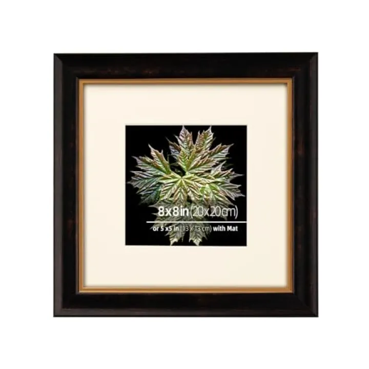 Eitida 8x8 Brown Vintage Neutral Picture Frame, Hand Painted Solid Wood Profile and Antique Metallic Gold Foil Border, Creamy Museum Archival Matted for 5x5, Gold Inner