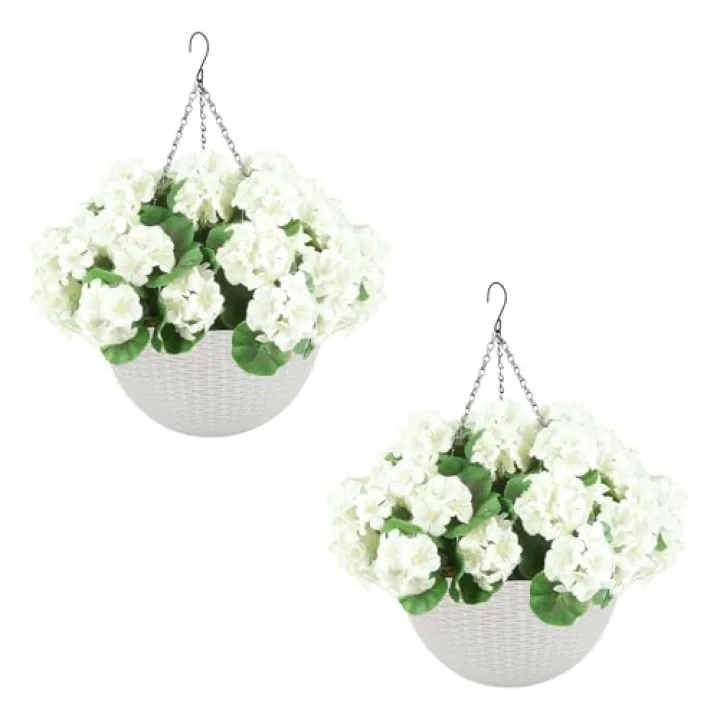 GarveeHome 2 Set Artificial Outdoor Geraniums Flowers with White Basket, Artificial Hanging Flowers Plant, 12 Pcs Geraniums Flowers for Christmas, Front Porch, Garden, Patio, Home Decor, White
