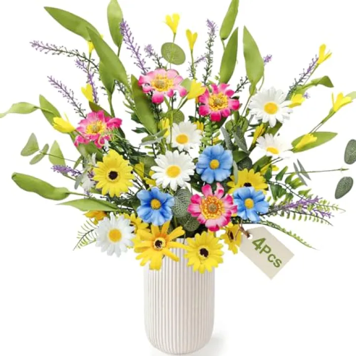 YILIUFA 4 Bundles Artificial Daisy Flowers Bouquet Fake Wildflowers Silk Spring Floral Stems Arrangements for Home Indoor Living Room Kitchen Table Vase Wedding Party Decor