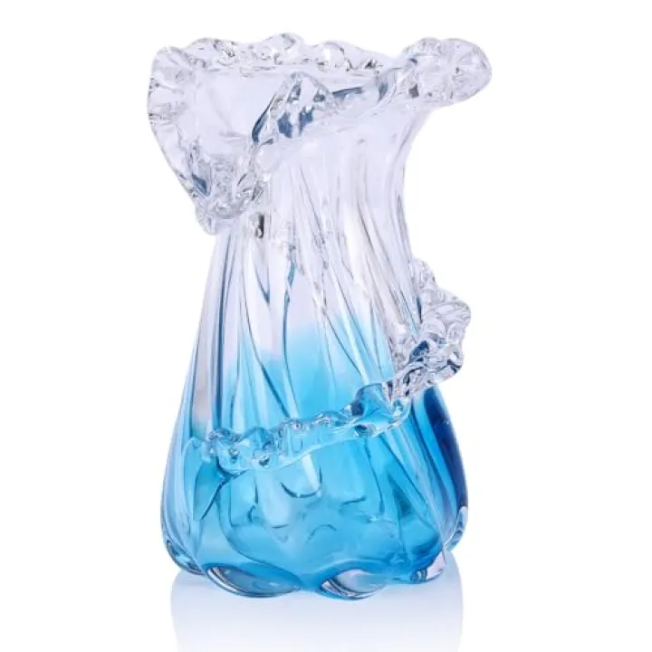 oliruim Blown Blue Glass Vase, Unique Ocean Wave Artistic Glass Centerpiece for Coastal Home Decor, Coffee Table, Living Room Console Table, Fireplace Mantel (Small)