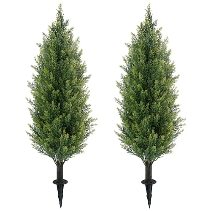 3FT Artificial Cedar Topiary Trees with Ground Spike, UV Resistant Artificial Bushes, Set of 2 Faux Cypress Plants Faux Shrubs for Outdoor Indoor Front Porch Garden