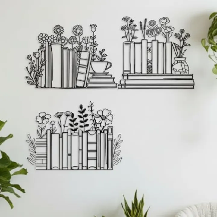 Honeydak 3 Pcs Reading Flower Book Wall Art Metal Library Wall Decor Sign Book Lovers Teacher Gift Silhouette Hanging Sculptures for Home Reading Room Office (Black,Fresh Style)