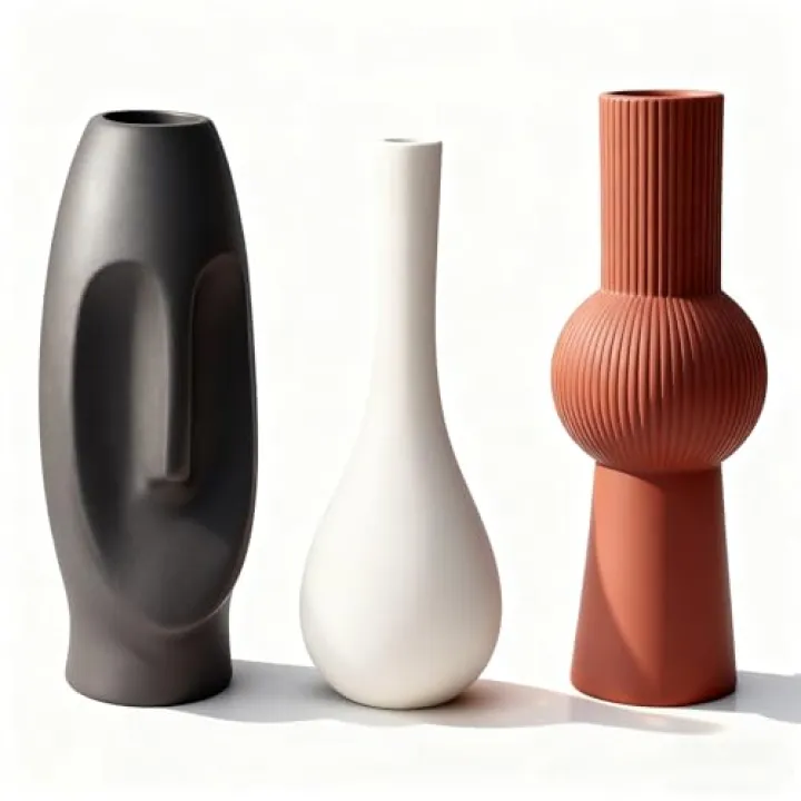 Modern Ceramic Vase Set of 3, Creative Easter Island Moai Abstract & Grooved/Teardrop Design Perfect for Pampas Grass, Fall Decor, Boho Farmhouse Home Decor, Living Room Coffee Table Centerpiece Vases