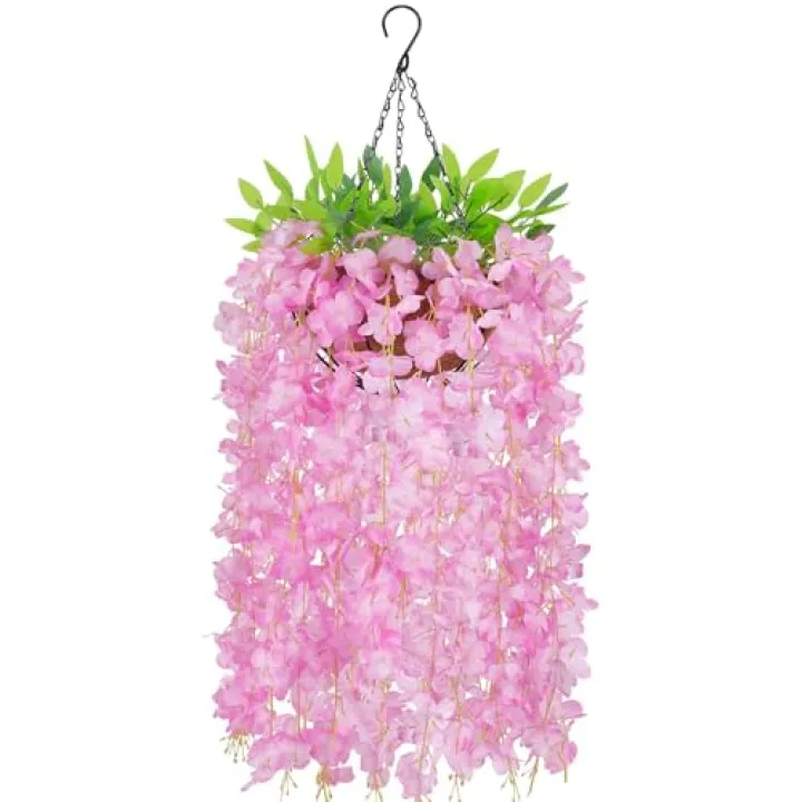 Zythrem Artficial Fake Hanging Flowers Plants with Baskets Pink Silk Wisteria Flowers with Hanging Planters Artificial Outdoor Flowers for Spring Summer Outside Porch Patio Balcony Garden Decor