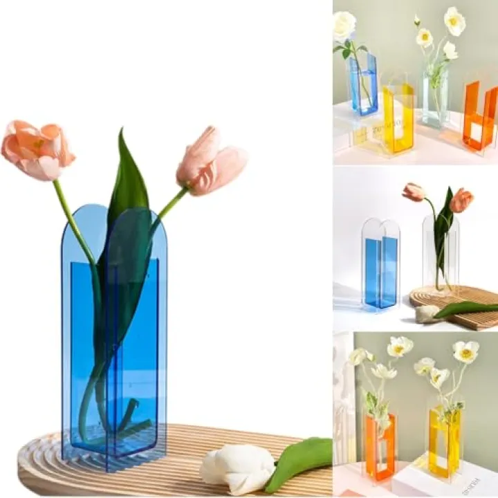 Boxonly Acrylic Vase for Home Decor, Full-Transparent Youth Blue Arch Vase, Modern Centerpiece Acrylic Flower Vase for Dining Table or Wedding Decorations, Minimalist Living Room Décor (Blue)