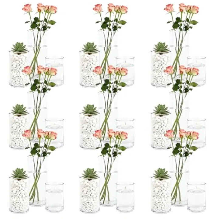 PEDOBALI 27 Pcs Plastic Cylinder Vases Hurricane Candle Holder Tall Transparent Flower Vases for Table Centerpieces Home Office Party Wedding Formal Dinners Decorations (4, 6, 8 Inch)