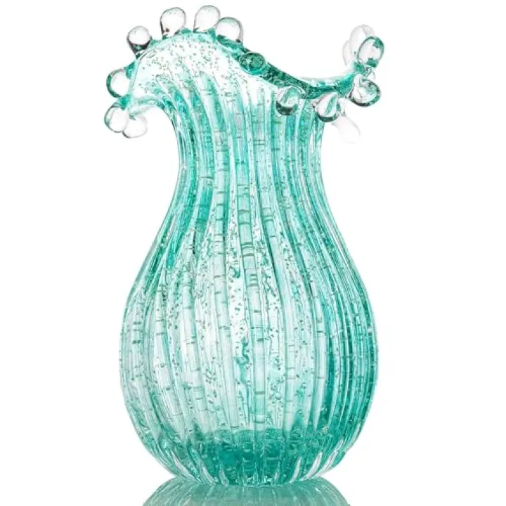 QFkris Hand Blown Glass Luminous Vase for Flowers 8" Teal Crystal Bubble Vases for Bouquet Home Decor Decorative Centerpieces Unique Gift for Valentines Day Birthday Housewarming Mothers Day