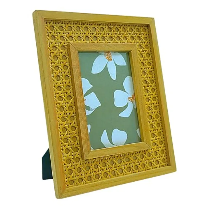 TAKORO 4x6 Natural Mango Wood & Hand-Woven Cane Picture Frame – Boho Farmhouse Tabletop Photo Frame with Rattan Webbing, Glass Front & Easel Stand