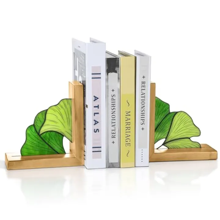 Maitys Ginkgo Leaf Bookends with Oak Wood Base Stained Glass Novelty Bookends Organizer Cute Book Ends for Shelves Desks Libraries Book Lover Gift