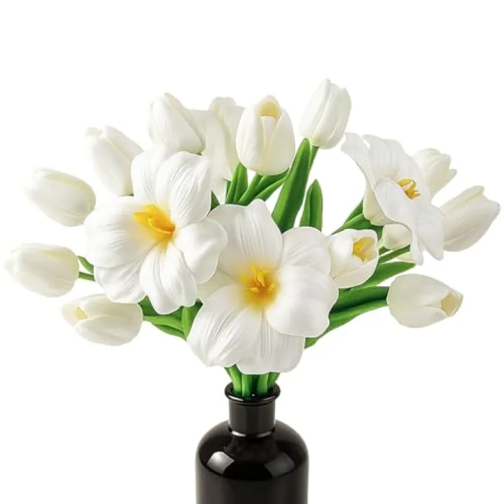Ovveroche 16 PCS Artificial Tulips Flowers White PU Realistic Faux Tulip Stems 12 Buds & 4 Full Blooms Fake Flowers for Home Table Wedding Spring Easter Decor