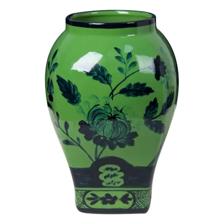 Andaliz Green Floral Ceramic Vase with Black Pattern, Hand-Painted Oriental Vase for Home Decor, 9.4 Inch Table Centerpiece, Modern Chinoiserie Vase