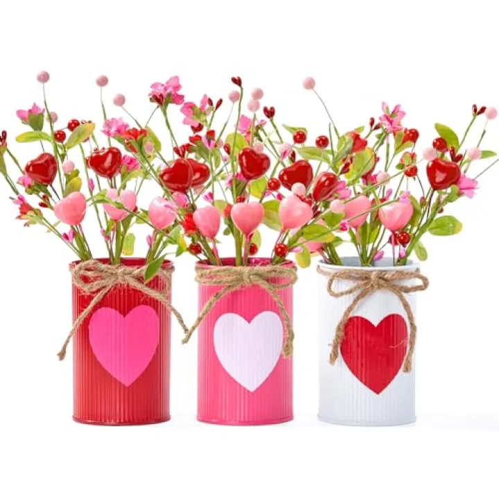 KIVIVO Valentines Day Centerpieces for Tables, Valentines Table Decor with 3 Printed Heart Metal Vases, Heart Artificial Flowers, 12 Pcs Valentine's Day Table Decorations Indoor for Home, Kitchen