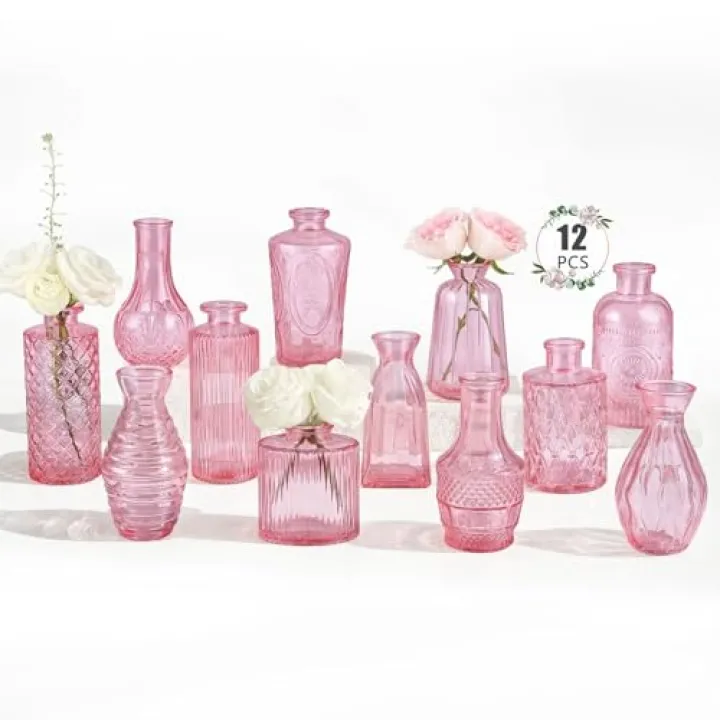 BEAHOT Pink Glass Vases in Bulk - 12 Pack Flower Bud Vases for Wedding Decorations, Glass Vase for Table Decorations, Small Vase for Baby Shower, Mother's Day, Centerpieces, Party, Home (Pink)