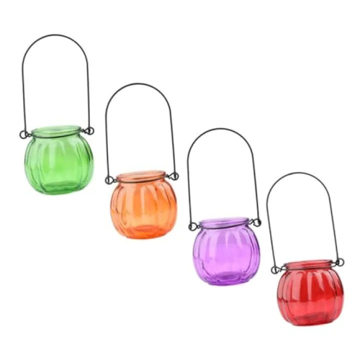 VANZACK 4pcs Pumpkin Shaped Hanging Glass Flower Vases with Iron Handles for Home Decor Hydroponic Plant Terrarium Containers in Orange Green Purple Red Suitable for Living Office Dining
