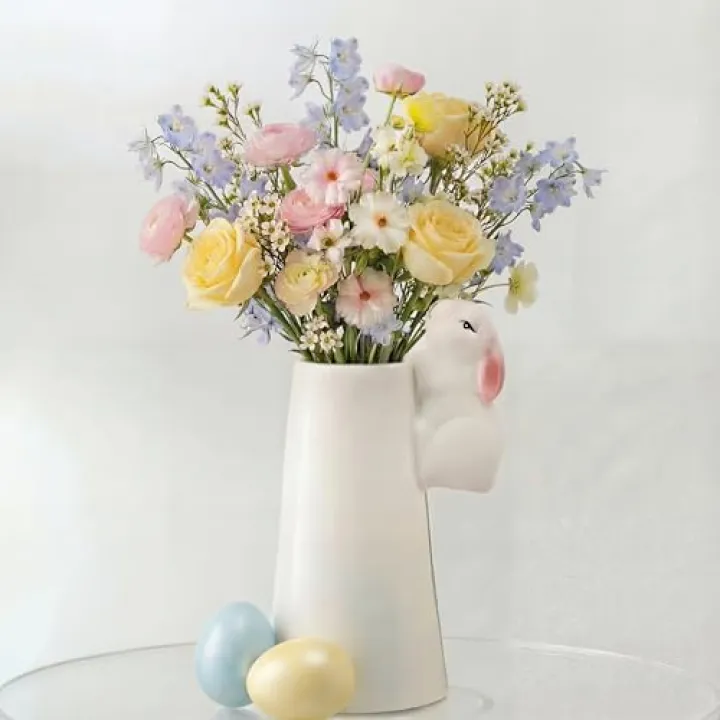 Willinglong Easter Bunny Vase for Flowers 6.3 Inch Easter Spring Tabletop Centerpiece Rabbit Ceramic Flower Vase Figurine Statue Rustic Craft for Home Dining Table Living Room Farmhouse Decoration