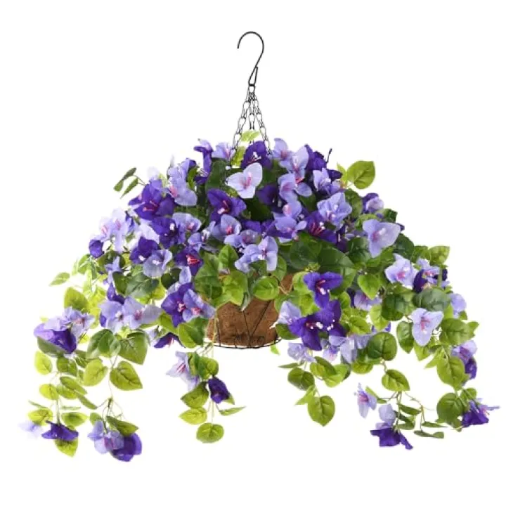 Homsunny Artificial Fake Hanging Flowers Plants Basket for Outdoor Decoration, Faux Silk Flower Bougainvillea Planter Look Real UV Resistant for Home Porch Patio Balcony Yard Spring Decor(Purple)