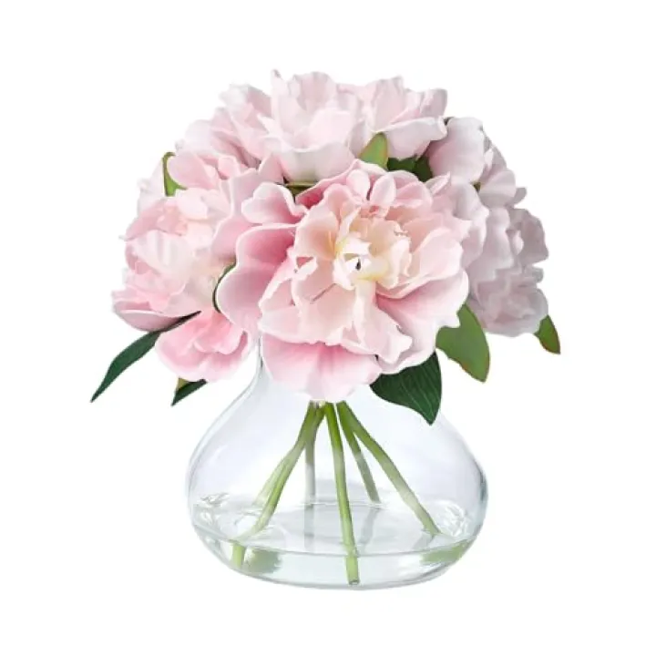 Pink Peonies Artificial Flowers with Glass Vase, Silk Faux Peony Flower Arrangement with Faux Water, Fake Flowers in Vase for Table Centerpieces, Shelf Bathroom Decor, Home & Wedding Decoration